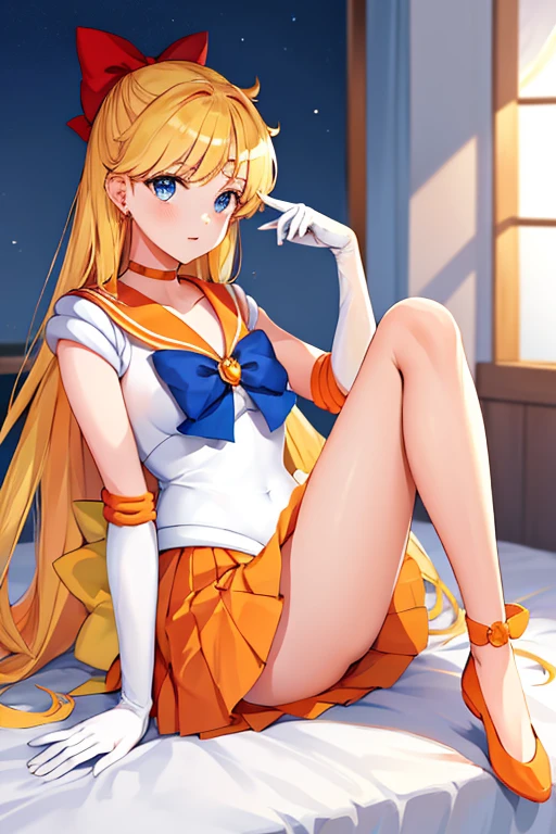 Top image quality, hight resolution, venus1, 1girl in, 12year old,独奏, Sailor Senshi Uniform, white panty:1.5、sailorvenus:1.3, White panty、aino minako, bionde, magical little girl, blue eyess, orangeskirt, elbowgloves,collars, pleatedskirt, bow ribbon, orangesailorcollar, Orange mini skirt:1.3, a choker, Red ribbons, orangechoker, white glove, extra long hair, jewely, 耳Nipple Ring, A smile, Street, Big breasts protruding in front:1.5,Raise:1.5,Very short skirt:1.5、Show panties:1.5,(Shibuya Street at night when there are no people:1.5)、Put your hands on your hips:1.0,(huge-breasted, Big Tits, Slender waist),cute little:1.5,Kick Big:1.4,(Sexy lace crotch panties and bows),Smaller face,(odious body),Grabbing the skirt with your hands,clong legs,, BDSM、light glow,(Cameltoe),NSFW,(Legs apart:1.3),