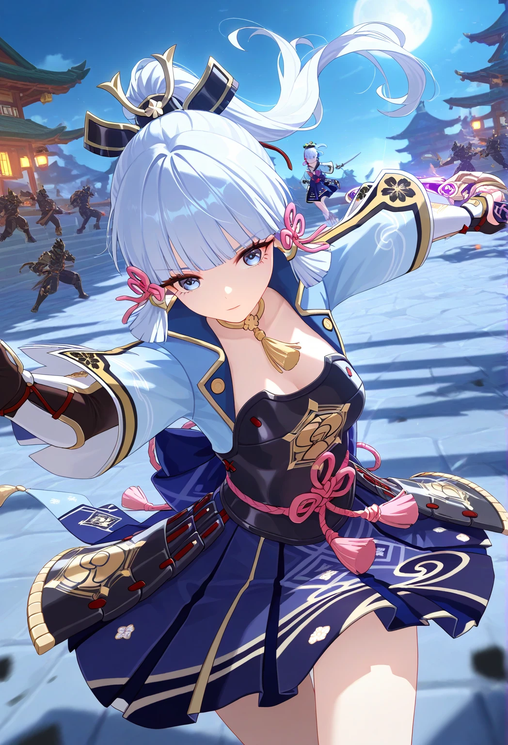 (masterpiece), best quality, expressive eyes, perfect face,kamisato ayaka,genshin impact,(magical girl costume:1.3),big breasts,ponytail hair ribbon,[[cleavage]],[[snowflake wand]],blush,smile,snowing,japanese village,night,fantasy lighting,standing,victory pose,cowboy shot,dynamic angle,(sparkle:0.9).(glitter:0.9)