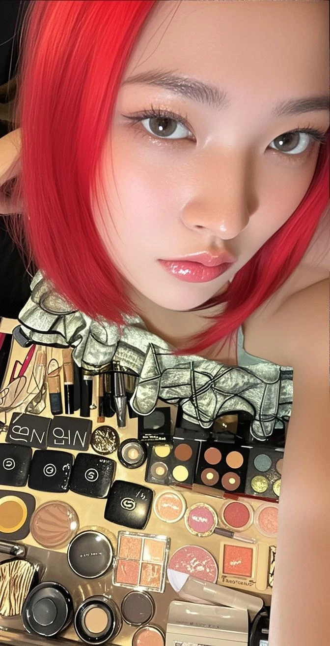 1girl, bare\_shoulders, blue\_eyes, blurry, blurry\_background, blurry\_foreground, breasts, cleavage, couch, depth\_of\_field, earrings, indoors, jewelry, lace, lace\_trim, long\_hair, looking\_at\_viewer, medium\_breasts, mole, mole\_on\_breast, photo\_\\(medium\\), pillow, pink\_hair, plant, potted\_plant, realistic, sitting, smile, solo, (Masterpiece:1.1), detailed, intricate,