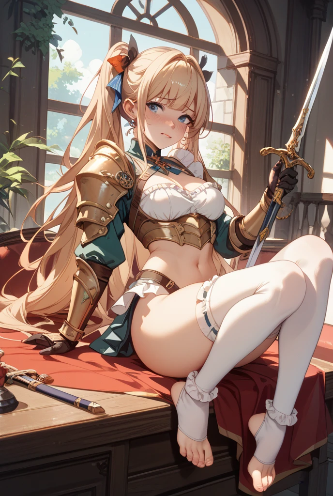 Blonde warrior, fantasy, best quality, 8k, wallpaper, hyper detailed, hyper realistic, plate armor, short skirt, blue skirt, red panties, panties appearing, hair stuck, ribbon in hair, realistic, D&D, crouch, cameltoe, pantyshot, open legs, legs apart, upskirt, Steel gauntlets, steel boots, steel breastplate, RAW,