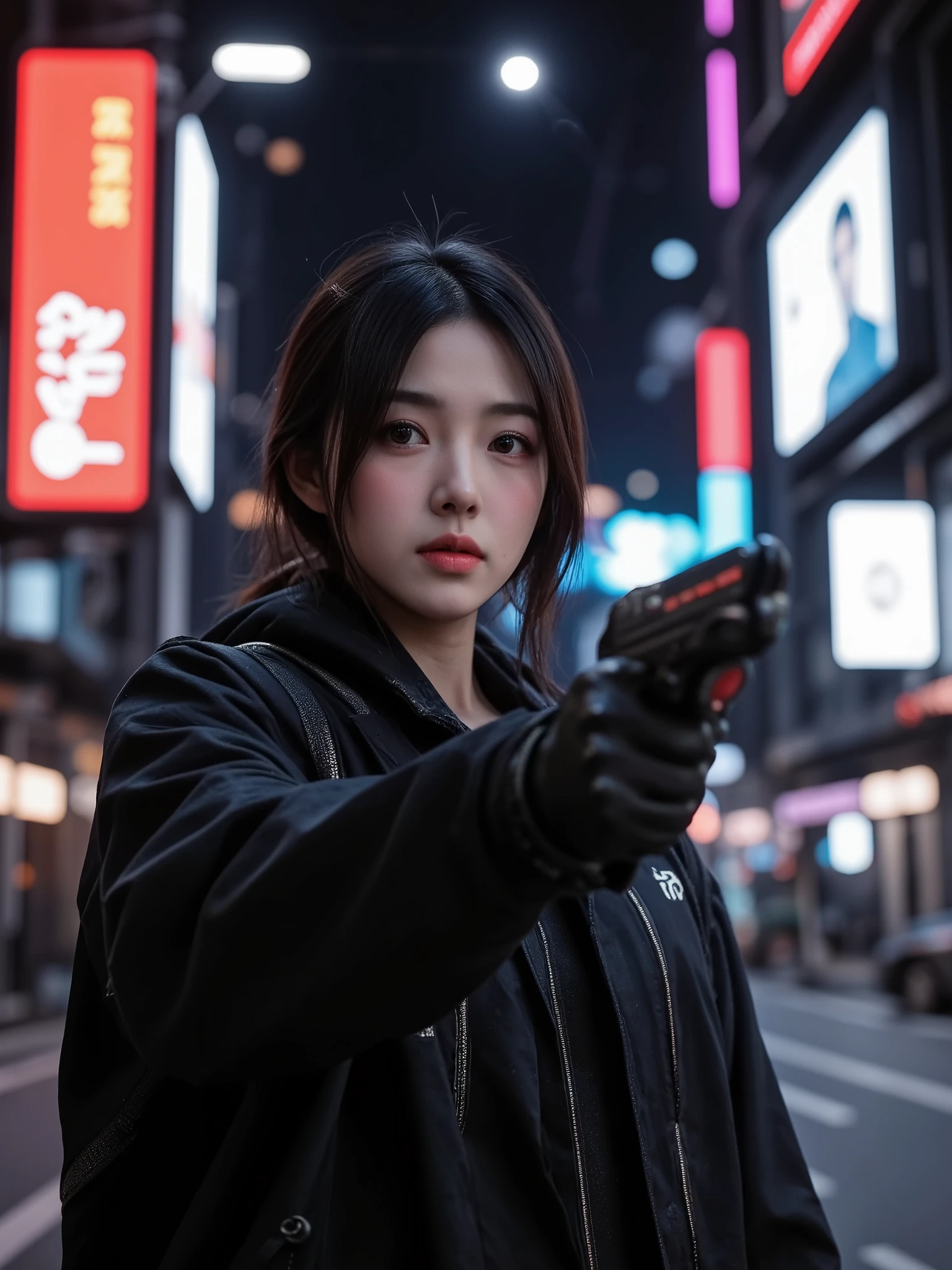 Future Female Warrior , Japanese, dark haired, cybersuit, cleavage, I'm holding a big gun, High Quality, photorealistic, 4K Rendering, Detailed Details, Vivid Colors, bokeh, science-based rendering holding a large electron gun, Craftsmanship, masterpiece, extreme detail, studio lighting, Ultra High Definition Paintings, Sharp Focus, HDR, Cosmic Cyberpunk Atmosphere, Metal and Glass Textures, Pale white color, Advanced Futuristic Technology