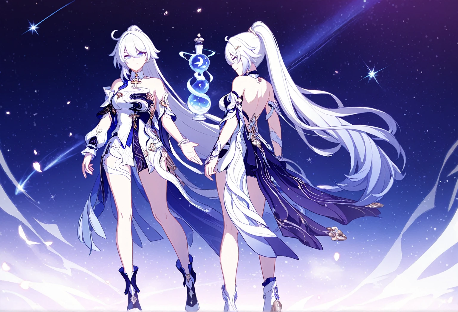 Anime characters, top manga master works, full body poses, manga art, body art, blue and black art, a woman in a golden robe, phantom, very ethereal, ethereal silence, incredibly ethereal, "ethereal, dreamy and hazy, side view, ethereal and dreamy, fantastic medium portrait top light, eerie, soft ethereal lighting, dreamy and ethereal, ethereal, 8k wallpaper