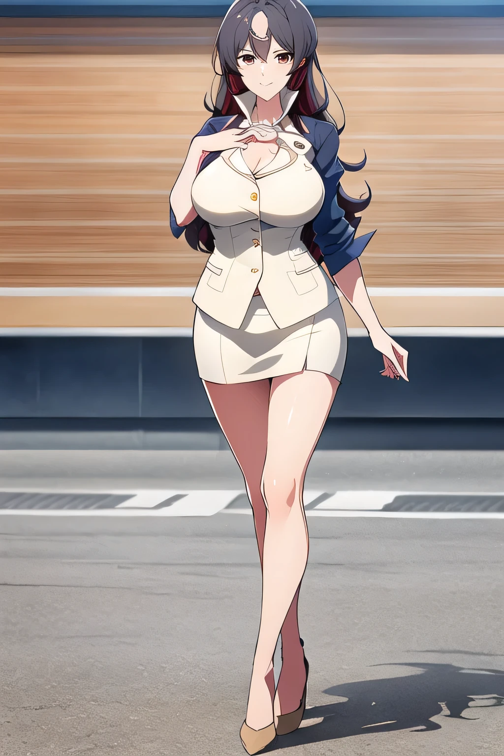 1 girl, very big breasts, very sexy body, 1 girl in, a smile, looks at the viewer, black shirt, super short white school miniskirt, full body, giant breasts, cleavage, giant breasts, heels, background in the mountains 1 girl , with big breasts. long legs QUEEN huge tits, (cleavage), high legs, (standing), sexy and muscular body. short skirt.4k hd