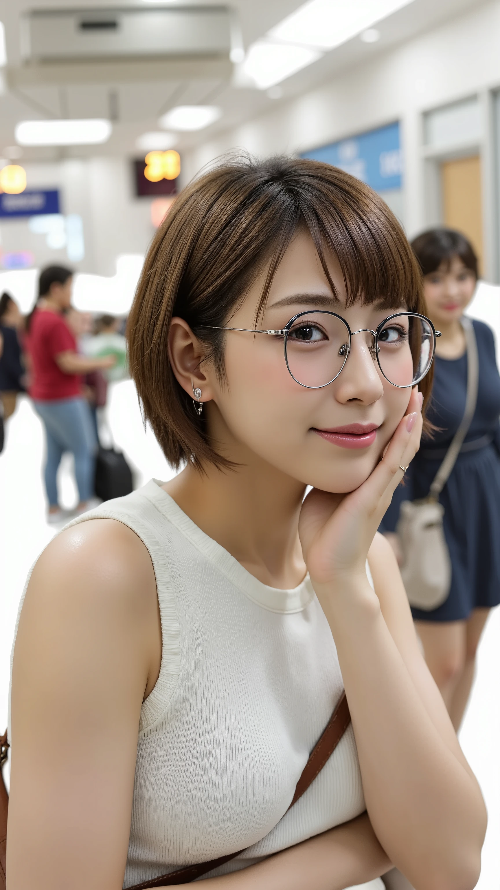 A photorealistic image of a Japanese woman meeting her lover at a busy train station in Japan during summer. The station is bustling with people. The woman has short hair, with one side tucked behind her ear, where she wears a silver earring. She is wearing round-rimmed glasses. Her skin is fair and translucent, giving her a clean and mysterious appearance, like someone from a cosmetics commercial. She is dressed in a summery outfit: a frilled blouse and a long flowing skirt. She carries a shoulder bag worn diagonally across her body, with the strap running between her chest. She smiles with relief and happiness as she sees her lover arrive. The image is composed from the front, capturing the emotional moment and the vibrant atmosphere of the station.