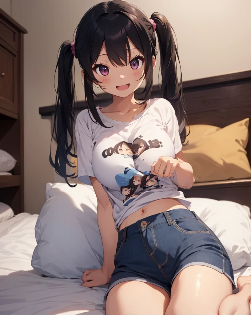 ((masutepiece)), ((Best Quality)), (Very detailed), Real from Thailand,8K,pixiv top quality,Potato,((Low side tail))a blond、(Bring out your forehead:1.2)、Very long hair、Amae face、Relax Smile,Open mouth, Cute,
Bedroom at night、White Backless Camisole、Blue shorts、 Teenage, medium boobs,
on the beds、morning