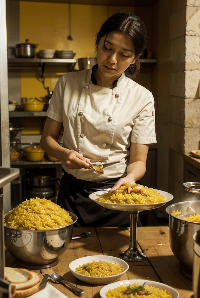 uma mulher velha de cabelo amarelo loiro curto e enrolado , rosto perfeito, Standing in front of several bowls of food, lady stands in an industrial kitchen, enterprising woman