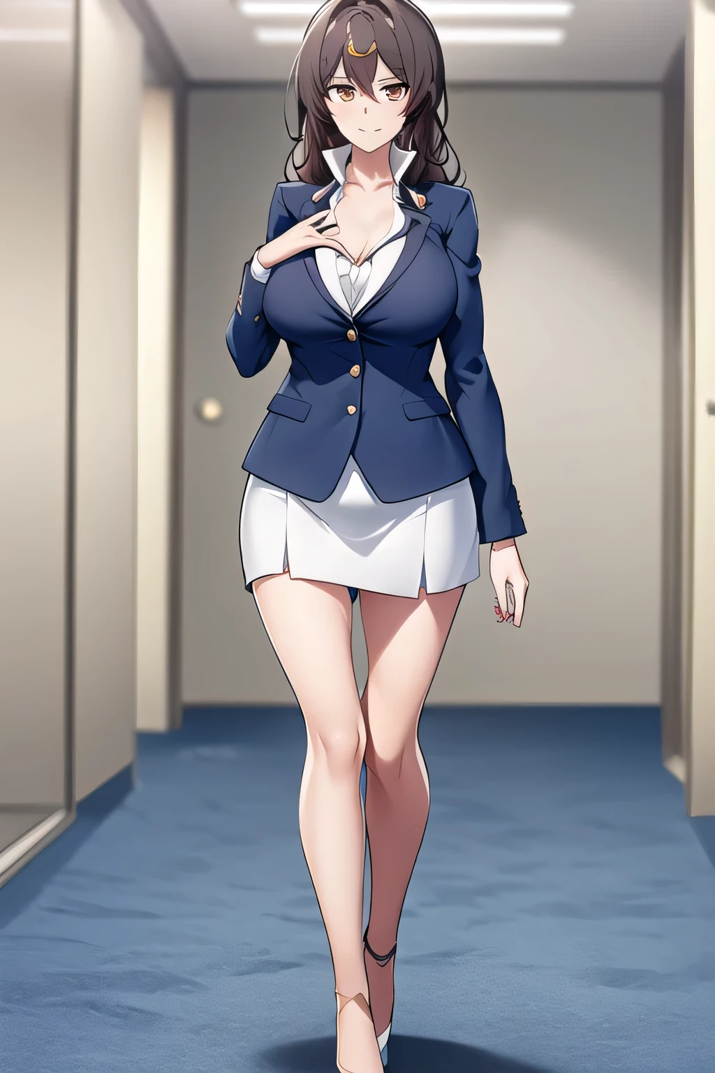 A ,Can you draw a woman in an office lady outfit,Please draw my expression more delicately,can you draw a woman in a dark blue business suit,Full color CG,,Please draw a woman with a nice smile,NAVY BLUE SUIT,white blouse,navy blue micro mini skirt,high heels,big boobs,big boobsでもウエストが細い,Make sure to fill in her face in full color against a city background。{X} 必ずフルカラーA 。{X} Please tell me the exact representation of her hands and legs,Can you draw a dark blue pleated skirt,Please draw her expression more delicately,Walking Alone, city tour ,there is no one around,Powerful 40 year old woman, Big black wavy hair, , Big breasts, thin waist ,仕事に必要なだけ、Can you draw a, , ,