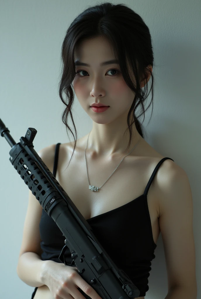 A beautiful nun、Wear a wimple:1.4、Except for lingerie:1.3、Cowboy Shot、Big Breasts、(Skinhead:1.5)、(Aiming the Groza assault rifle at the viewer:1.67)