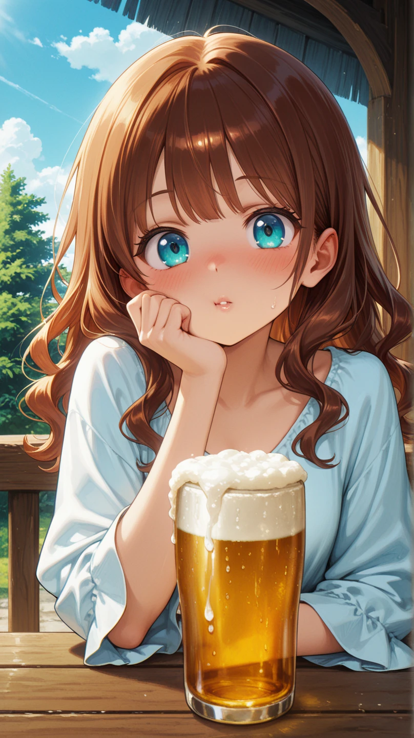 Drinking beer、Pretty girl with light chestnut hair tied、hightquality、unclear、Alone、up of face、izakaya、A delightful