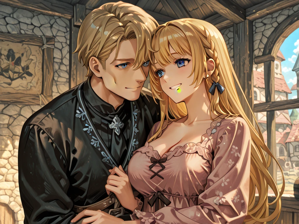 ((highest quality)), ((masterpiece)), (detailed), Perfect Face、(Yuuki Asuna)、(The woman has bright blonde hair)、((The woman hugs the man happily and looks at him lovingly.))、((A man embraces a woman and looks at her tenderly))、((The woman is wearing a flashy, shiny, gold, see-through dress with a long slit.))、((The woman is wearing heavy makeup, including bright red lipstick and dark eyeshadow.))、The man is dressed luxuriously、((The man has a strong body and a big dick and balls))、(Woman looks happy)、((The man is not wearing lipstick or makeup.))、The man looks satisfied、Bedroom