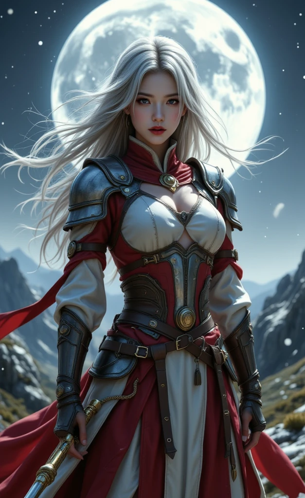 (8K, highest quality, masterpiece),(Realistic, RAW Photos, Super Fine Clear), Realistic Light, Detailed skin, Beautiful girl, ((25-year-old girl with very slim mechanical body, Nikke:1.5)), Thin legs, fine grain, white long hair, Detailed fingers, thin, Sexual, Ecstasy facial expression, (Super big boucing firm bust:1.3), (mechanical body suit, scarlet lined long cloak from shoulder, The chest part of the suit is widely open, Chest exposed:1.5), lakeside, (sexy dinamic posing:1.3), (in battle:1.5), (on top of hill, wide view, battle field, many battle flags, leading soldiers: 1.3)