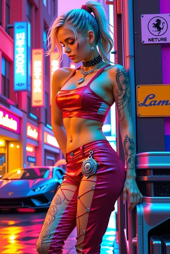 (hyper realistic, photorealistic, 8k, UHD, intricate details), full body shot of a beautiful American woman, with long neon Black and pink hair, Transparent red lingerie, beautiful breasts, seductive cleavage, beautiful brown color eyes, Transparent red lingerie, walking seductively and smiling in a naughty and horny way. red Transparent lingerie Through a futuristic neon city.
