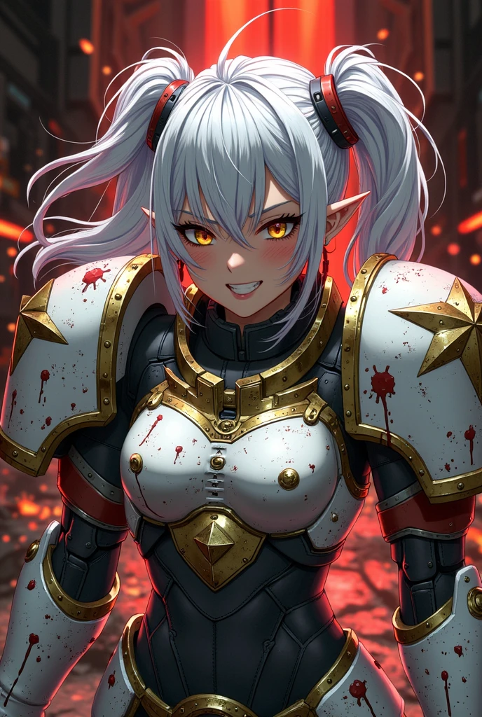 4k, highly detailed, anime style, HDR, subsurface scattering, in a temple, temple being destroyed, Greek temple on fire background, <lora:CAENIS:0.7>, (masterpiece, best quality:1.2), caenis,( fgo stage 3), 1girl, small breasts, looking at fires, angry shouting expression, short hair, white hair, bangs, red eyes, animal ears, open clothes, hairband, grin, (gold armor), body markings, white nails, epic scene, focus on burning temple,