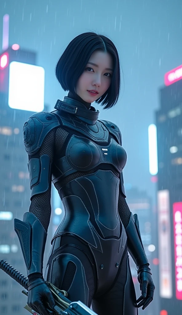 (a closeup:1.4)、(Raw photography:1.2)、(Photorealsitic:1.4)、(masterpiece:1.3)、(top-quality:1.4)、Woman standing in front of a group of robots、beautiful android woman、Beautiful Female Soldier、Girl in suit、complex combat uniform、beautiful young japanese woman、Highly detailed facial and skin texture、A detailed eye、二重まぶた、cute face、(a short bob:1.2)、(FULL BODYSHOT)、cowboy shot、angry expressions、Storms and epic war scenes、cyberpunk scene、Night、illuminations、