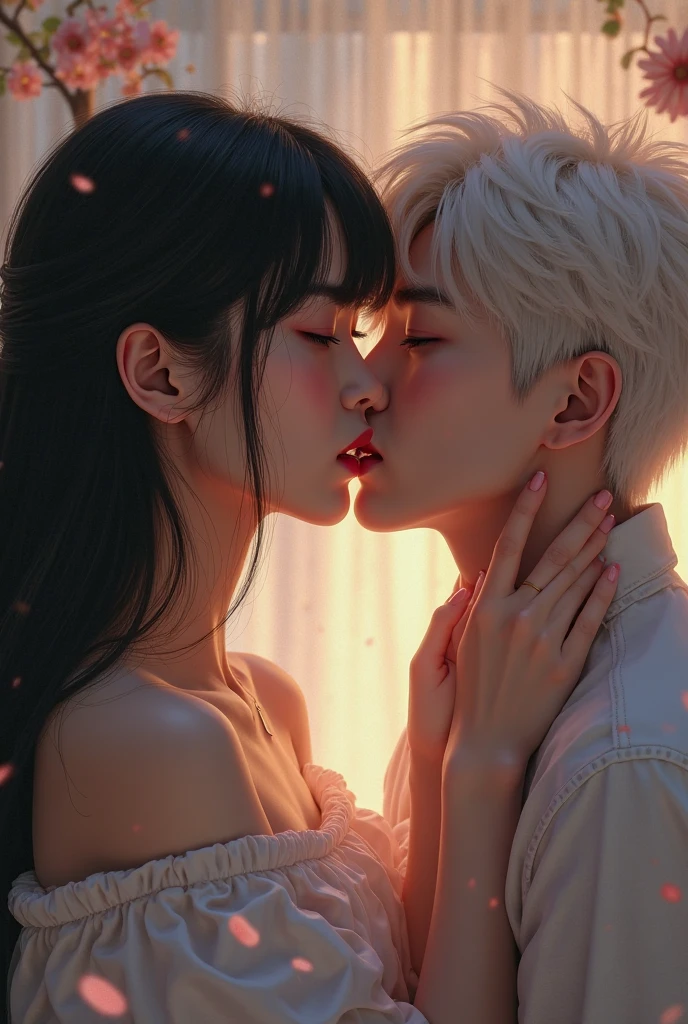 anime couple kissing in front of a wall with a pink background, kissing together cutely, kissing together, couple pose, beautiful drawing style, lovely kiss, by Yanagawa Nobusada, couple kissing, kissing each other, by Okumura Togyu, by Eizan Kikukawa, pinterest anime, high quality fanart, kissing