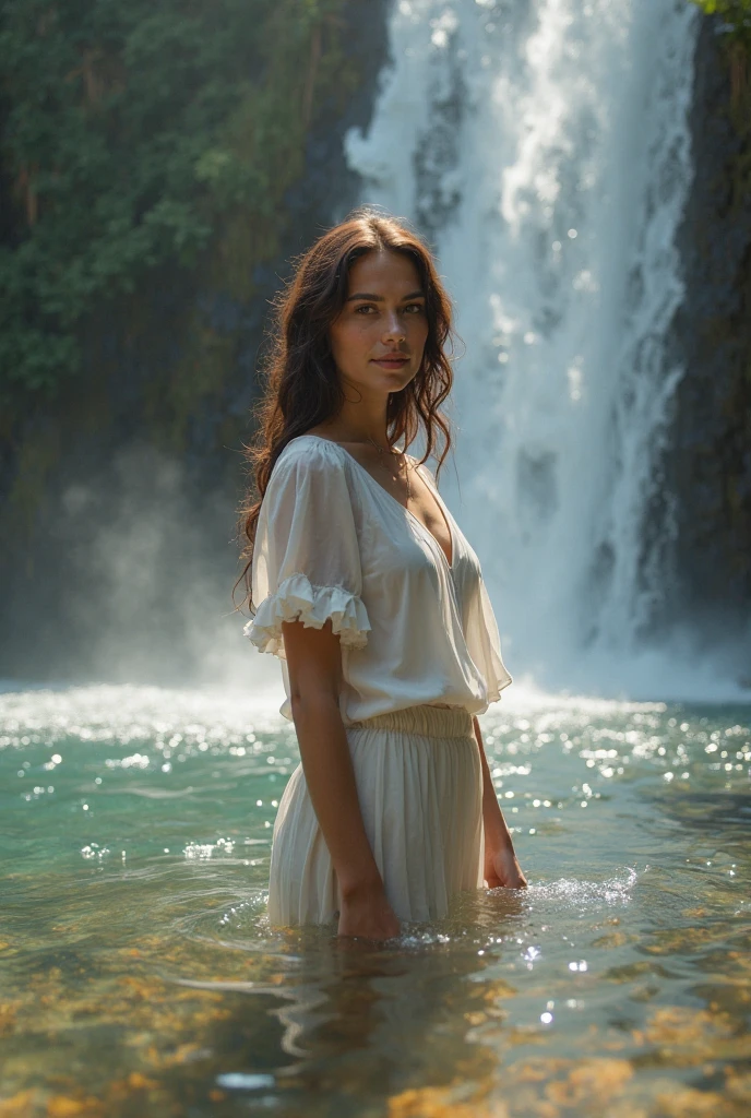 retrato de uma mulher fofa, She's standing in the river up to her waist, (rosto perfeito), a wet translucent white sweater, uma coroa de flores silvestres flutua ao longo do rio, um lindo rosto doce, a shy smile, corpon, (background lighting), realista, obra-prima, alta qualidade, reflexo de lente, sombra, brilho, [[chromatic aberration]], de Jeremy Lipking, Directed by: Anthony J. Manzanedo, Pintura digital