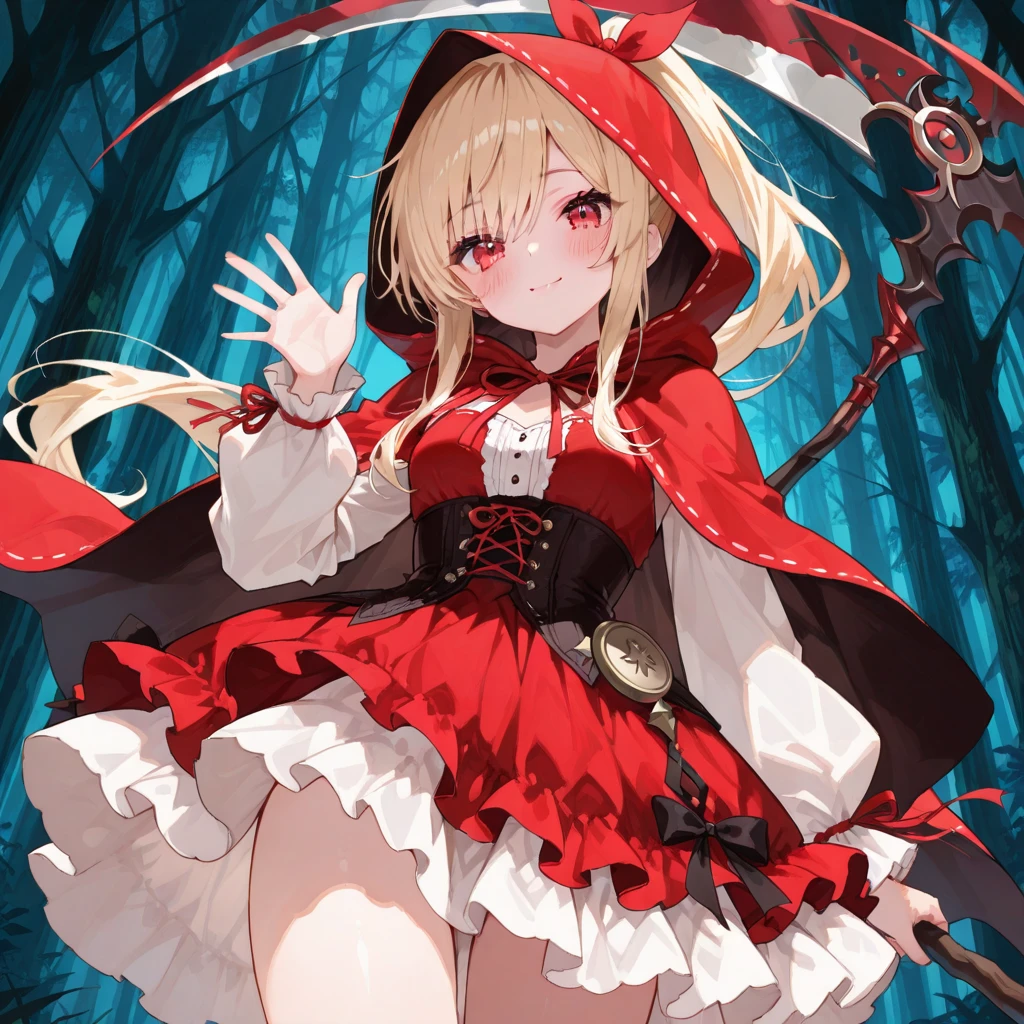 Full-body portrait、Fluffy hair、Blonde、Short ponytail、Grey sweater、Red cloak