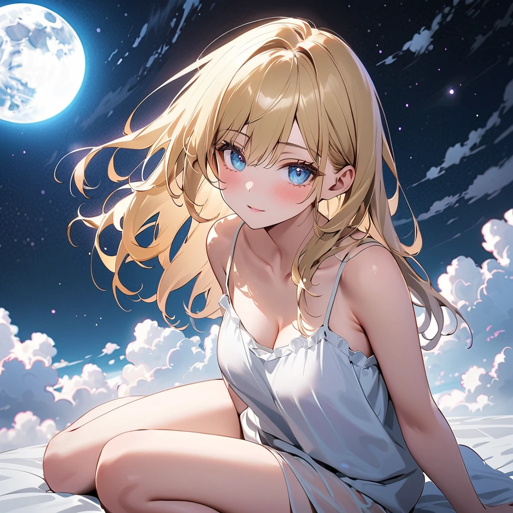 Girl shines in the light, the moon's shadow reflected in her blue eyes. she is sitting on the water, exposing her bare shoulders and bare arms. Her figure is fantastical and lovely, as if it were a mirror effect., Maximum detailed textures, Maximum detailed shadows, Maximum detailed backgrounds, ,full body