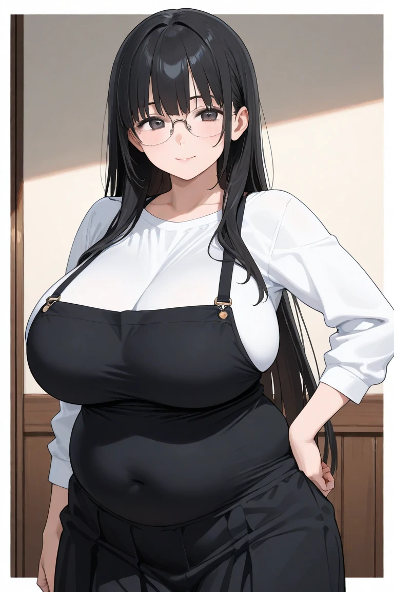 1girl,solo,Mature Woman,Females in heat,Black Hair,long hair,light blue eyes color,Glasses,white dress,mother,gentle,kind face,Super huge breasts,fat,Big thighs,looking at viewer,necklace,standing up,near,house,in room