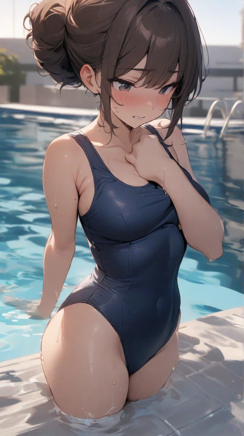 (masterpiece, best quality:1.2), (((anime style))), 2d, solo, 1girl, kobayakawa rinko, 15 age, jitome, tsurime, (delicate eyes and face), (open forehead:1.2), dark blue hair, ((asymmetry hair)), bashful, medium breasts, looking at viewer, (full-face blush), embarrassed, BREAK, top-quality、Full limbs、complete fingers、Slender beauty、White knee-high、white school swim suit、Expression of distress、Pained face、Recurve the body、wriggling the body, Wet texture, reinopool, pool, indoors,
