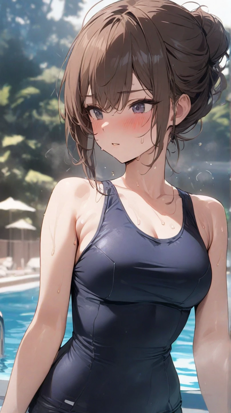 official art,(masterpiece:1.5),(very accurate details,ultra high resolution:1.5),(High-definition CG Unity 8K:1.5),(Slender:1.5),(View from below:1.5),(Hairstyle is a hime-cut:1.4),perfect lighting,(vivid color:1.4),(Bright Front face Illuminating:1.3),(oblong face:1.5),(Slanted eyes:1.4),(Strong personality:1.4),(Makoto Niijima:1.5),(perfect female body:1.4),(spread your legs:1.3),(short hair:1.5),(sharp:1.4),(curve,model,Glamour:1.5),(large breasts:1.4),(wet swim suit),(realistic, 超realistic:1.5),(beautiful hands of a woman:1.4),(Aesthetic Anime Eyes:1.4),(Poolside:1.4),(beautiful breasts,perfect breasts,appealing breasts,Round chest of drawers:1.2),(Broke up_lips:1.4),(26 years old:1.4),(Dark blue competitive swimsuit:1.4),(slouch:1.4),Are standing,(leaning forward),(enchanting smile:1.4),(shaggy cut:1.5),(curl outward:1.5),(curly hairstyle,outside hairstyle:1.4),(flipped hair:1.5),(Braided headband:1.5),BREAK,(short hair:1.5),red eyes,(black haired:1.4),clean ears,(Broke up bangs:1.3),looking at me,(short hair:1.4),(slouch:1.4),
Anime girl wearing a one-piece swimsuit, surreal , 美しいアニメのhigh school girl, seductive anime girl, high school girl, small details, marin kitagawa fanart, cute , attractive anime girl,(short hair:1.5),(flipped hair:1.5),