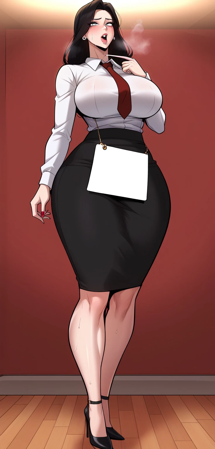 (masterpiece:1.4),(best quality:1.4), masterpiece, illustration, mature woman, full body, standing, sexy pose, perfect body, look at viewer, blush, (medium breasts), short hair, blonde hair, (blouse, cleavage), (short pencil skirt), stockings, in classroom,