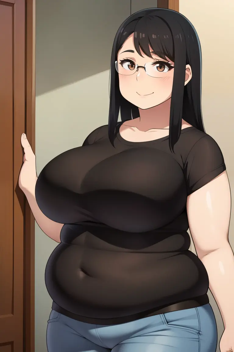 High resolution, a mature hispanic girl, (((bimbo))), thick, long black, ponytail, she is smiling , very big wide hips, thick thighs, hourglass figure, small round breast, wearing a black dress which is tight and short, view from random angle