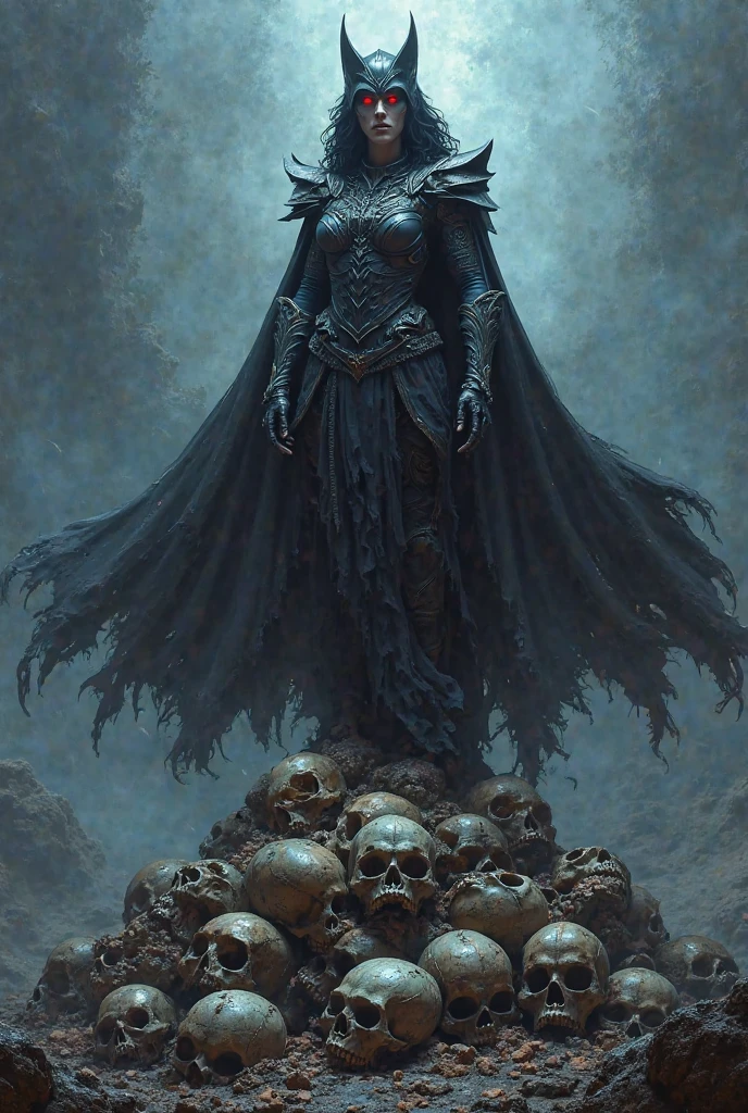 A full-body depiction of a stunning and powerful vampire queen standing triumphantly on a pile of weathered skulls. Bats swarm around her, their wings blurring into the moody background. The scene is rendered in a style that combines the dark, epic energy of Frank Frazetta with the hyper-realistic and intricately detailed approach of modern masters like Greg Rutkowski, Beeple, Beksinski, and Giger. The artwork should be incredibly detailed, with an 8K resolution, capturing every nuance of her figure, the skulls, and the bats. The composition is perfect, with soft, natural, volumetric light that enhances the chiaroscuro effect, creating a cinematic atmosphere. The texture and shading should evoke a sense of majesty and power, blending photorealism with the fantastical, trending on ArtStation for its sheer impact and artistry.