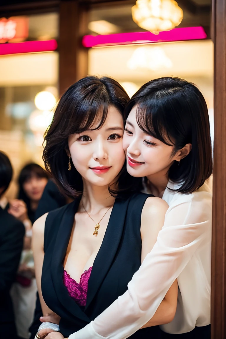 ((highest quality)), ((masterpiece)), (detailed), 2Two short-haired, big-breasted, intelligent women hugging each other、Lesbian