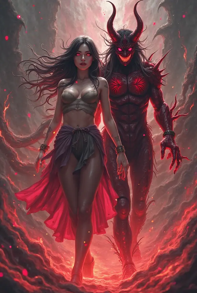 A woman standing in flames and in the forest, Not 20, long black hair, blood red lips, red normal eyes, her gaze powerful, only body from the stomach up and behind her a muscular dangerous handsome man with blue eyes and dark hair