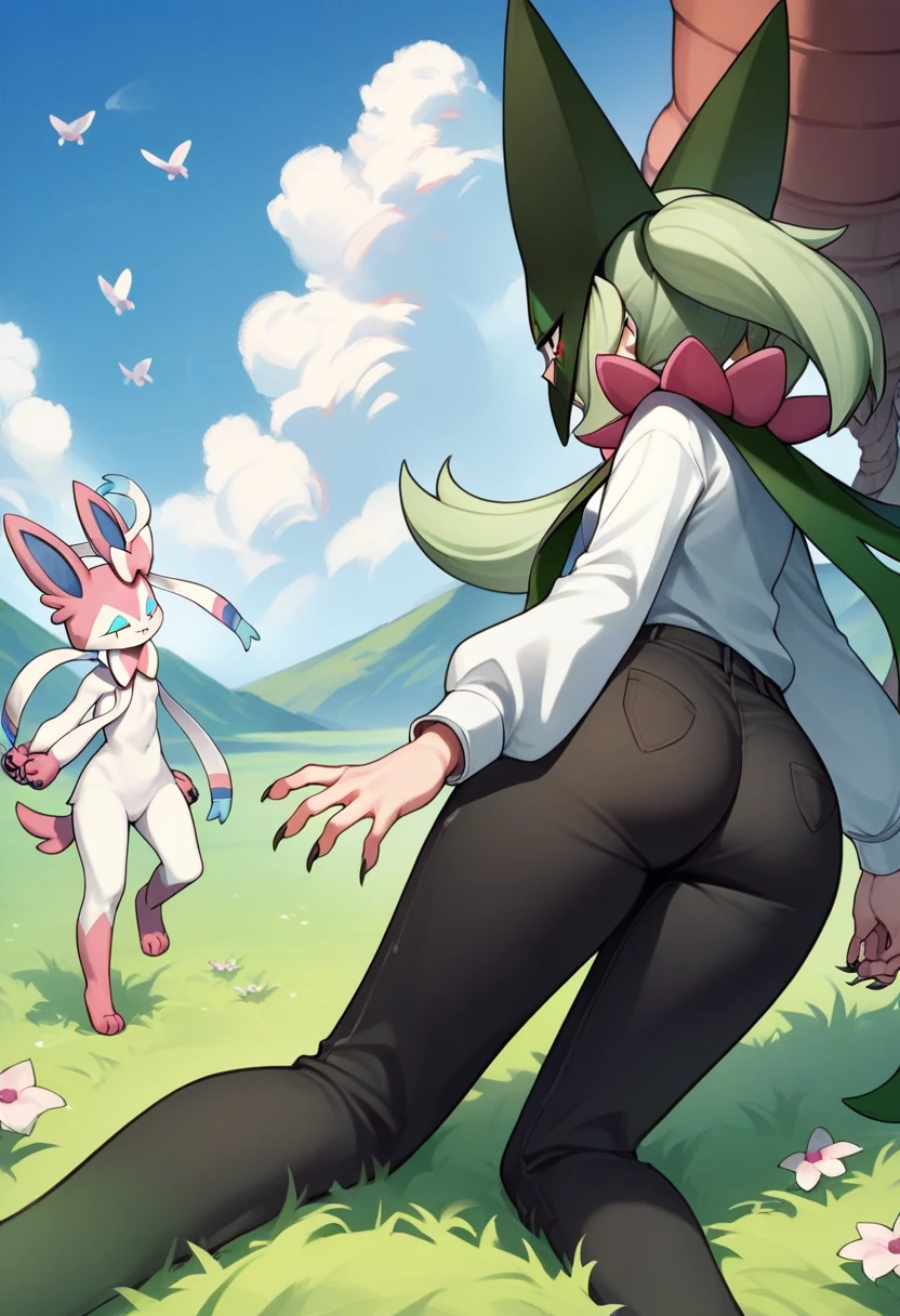 Female pegasus pony, brown fur, red hair, green eyes, green polka dot bandanna in hair on head, white feathers on wings,  large crotchboobs, fishnet stockings, standing, anal penetration