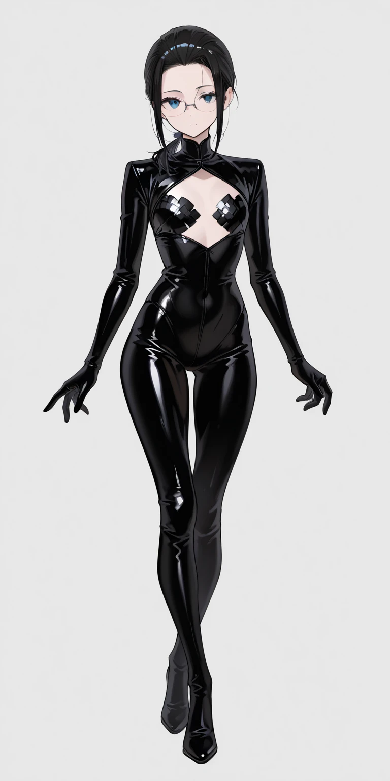 Make a beautiful woman with big breasts and big buttocks, wearing black and white leather clothing that covers his entire body, and white hair and black gray hair with a red badge