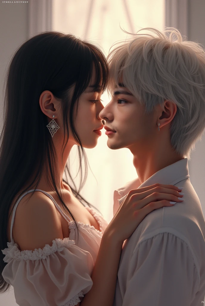 Asian couple, short girl with white hair and tall dark-skinned boy kissing 