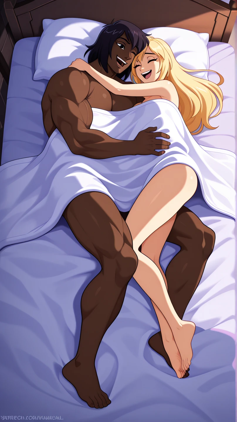 Man and woman fuck each other in bed, man can see his whole body