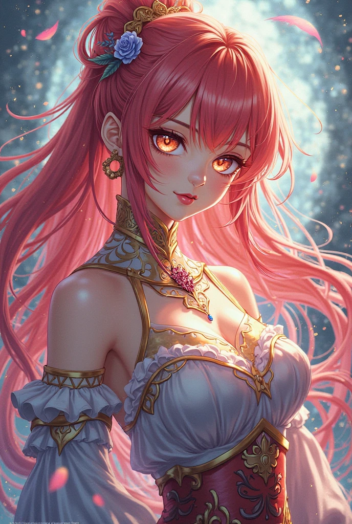 Kuroume_1024, ((shoujo-style, floral background, romance manhwa)), 1girl, pink hair,  sitting on cauch solo, long hair, flower, dress, thick eyeblows, flower, straight hair, blaid, closed mouth, collarbone, breast, (cleavage), puffy sleeves, white dress, purple dress, elbow gloves, earrings, necklace, (tiara), jewelry, golden, lace trimmed, bow, face focus, teasing, beautiful face, detailed eyes, detailed pupil, looking at viewer, all intricate