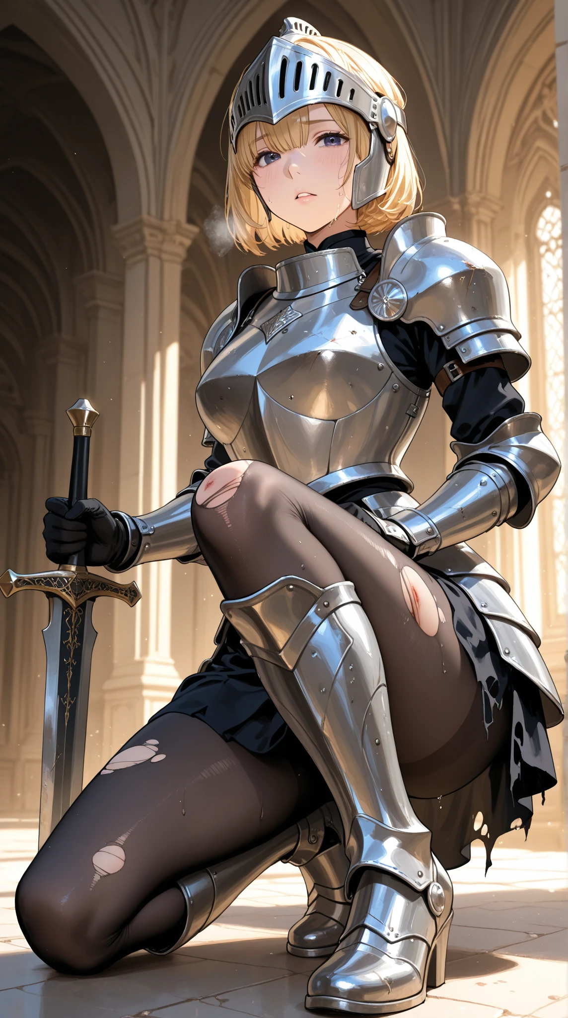 Pee all over the body、Urine、breastsout、Valley、teats、the whole body is wet、1girl in, Toilet room, Sweep the urinal, kneeking, sponge, raunchy, pee, rubbish,, ​masterpiece, top-quality, ighly detailed、s Armor、Knights、Wearing armor、a blond、White liquid all over the body、Yogurt all over the body、blue eyess、Panties、no-bra