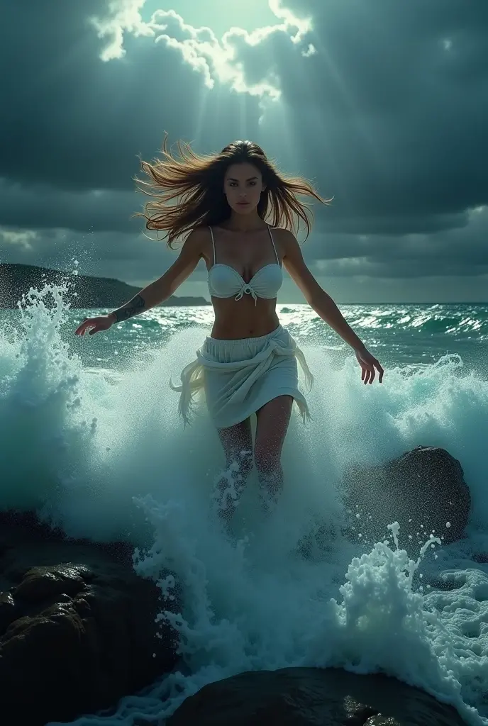 ((masterpiece, realistic, best quality, extremely intricate, solo, 1girl)), wet t shirt, wet jeans, at the beach, on the sand, playful, splashing, looking at viewer