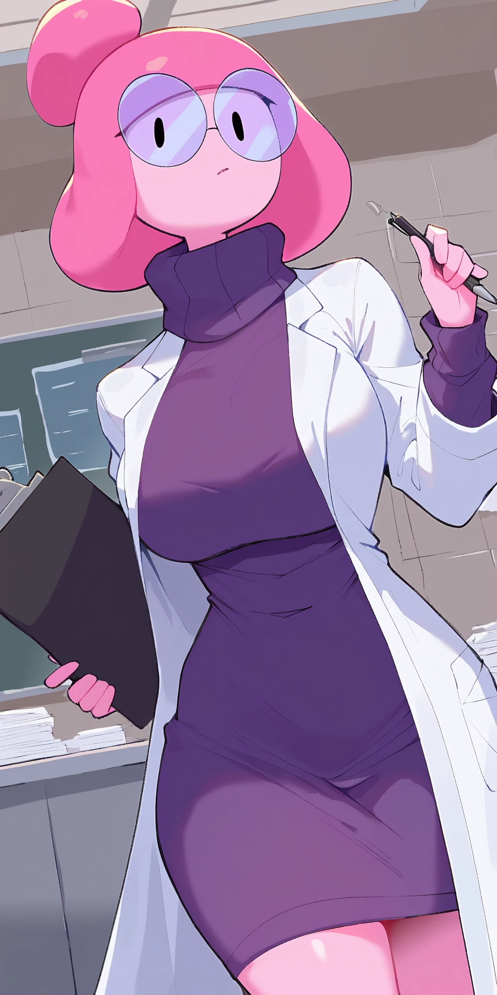 Dark-skinned woman,purple hair,muscled body,Doctor,wearing glasses, clipboard in hand,with chest neckline,wearing a doctor's lab coat