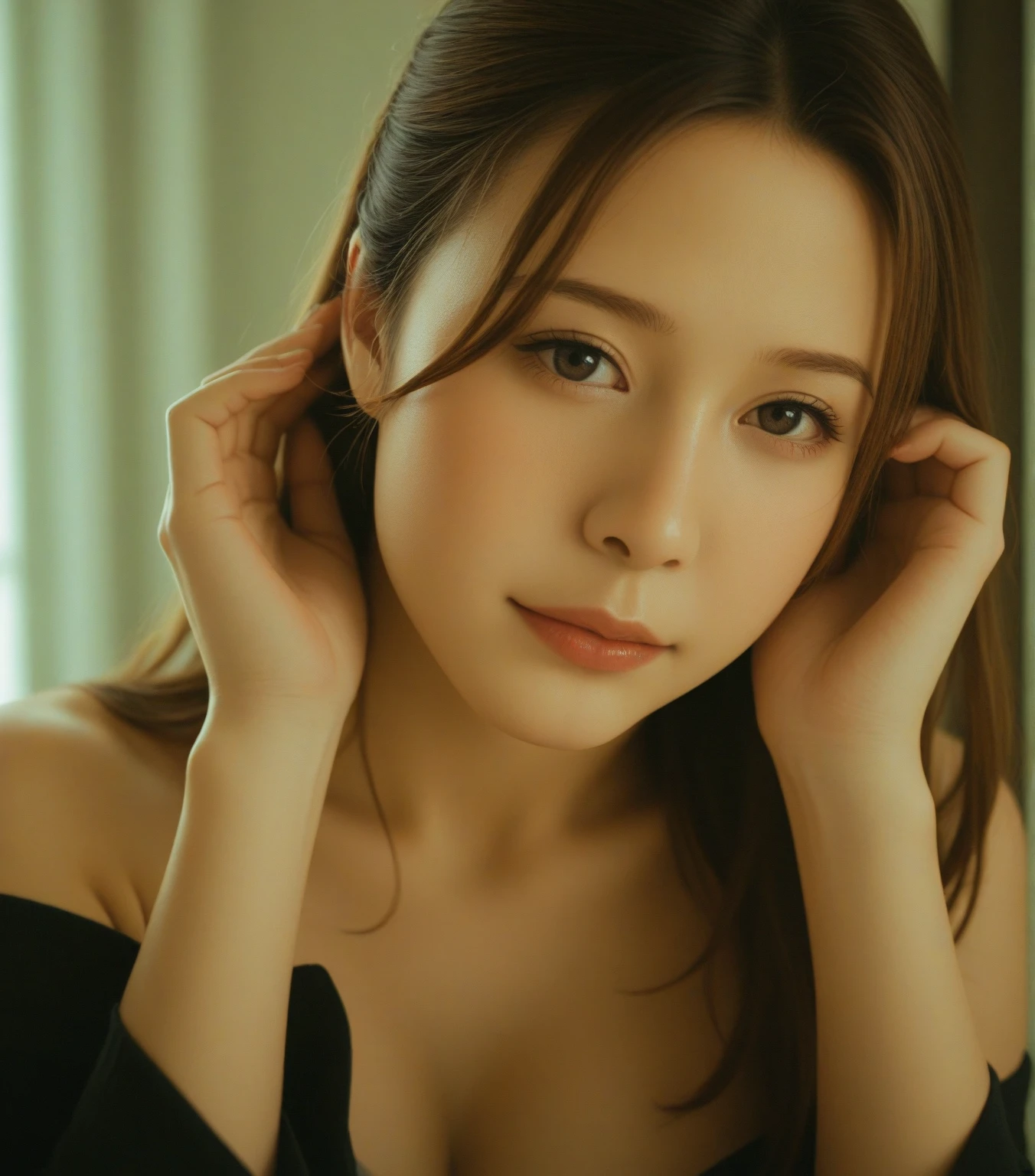 1girl, natural lighting, background modern minimalist living room, wavy hair, sitting, realistic, skin texture, lustrous skin, bokeh, black lingerie, RAW photo, photorealistic, looking at viewer, parted lips, makeup, bokeh, absurdes, portrait, photography
<lora:12-000007:1>
