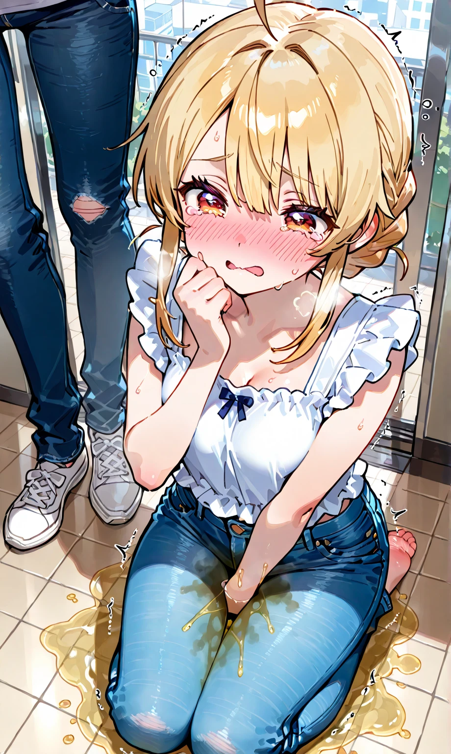 blonde princess, squatting, with a mouth full of piss, pisstarget, peeing into her mouth<lora:pissmouth_v2:1.8>, masterpiece, hires, ultra-detailed