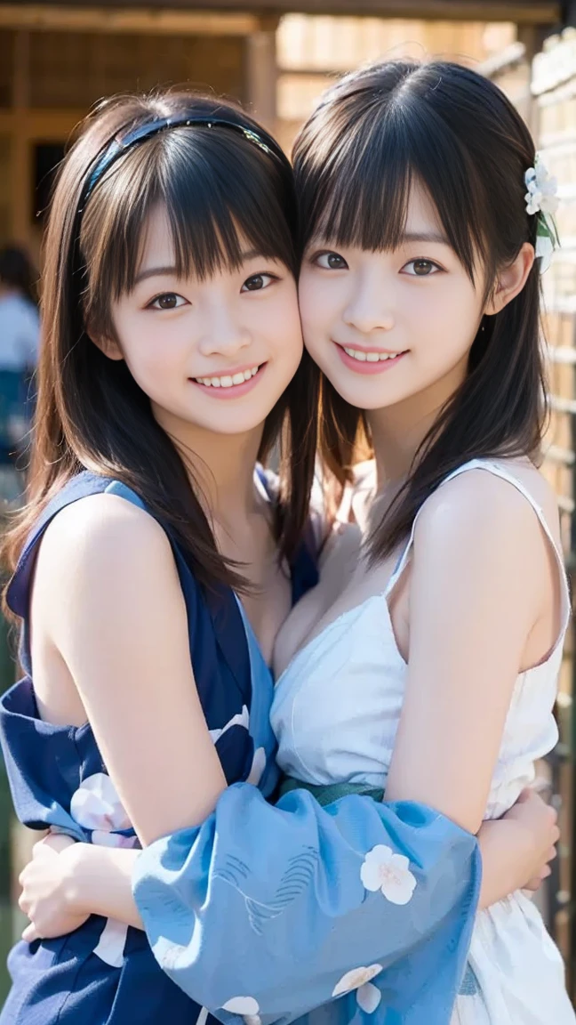 Best quality, high resolution, 8K, two girls, Japanese, hugging, best smile, summer clothes, street fashion, beautiful woman, pretty face, cute face, two cute people, Tokyo cityscape