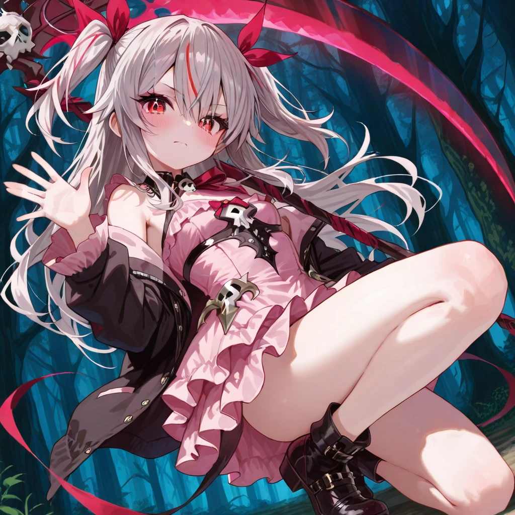 ((best quality)), ((highly detailed)), masterpiece, absurdres, (detailed eyes, deep eyes), (1girl), dynamic pose, full body, <lora:hairdetailer:.9>, <lora:LucyPyre:.7>, Lucy Pyre Demon Spawn, white hair, long hair, two side up, blunt bangs, hair ornament, red eyes, medium breasts, blush, horns, tail, smiling, fangs, black bikini, multi-strapped bikini, choker, necklace, arm strap, wristband, thigh strap, barefoot, (at a park, trees, path, park bench, afternoon)