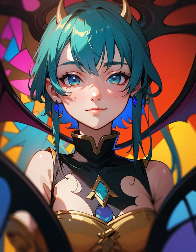 masterpiece, best quality, extremely delicate and beautiful, ultra-detailed, 1girl, ((short aqua hair)), demon, ((mature, woman)), yellow eyes, black horns, full body, stars, galaxy, detailed background, velvet, brocade, embroidery, jewels, floating hair, cinematic light, posed body, mystical, detailed_eye, face, detailed eyes