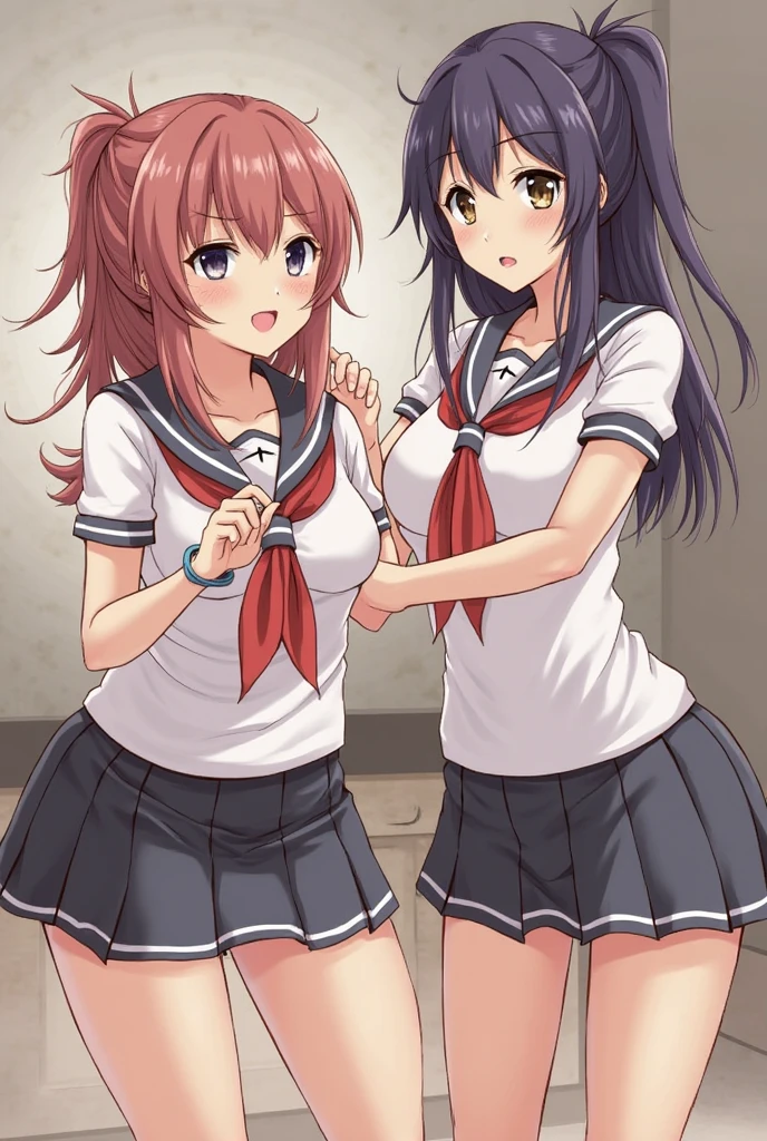 2 girls , Yukinoshita Yukino , Yuigahama Yui , waltz dance , school uniform,check skirt,((check skirt捲れる)),(white panties),(pink panties),