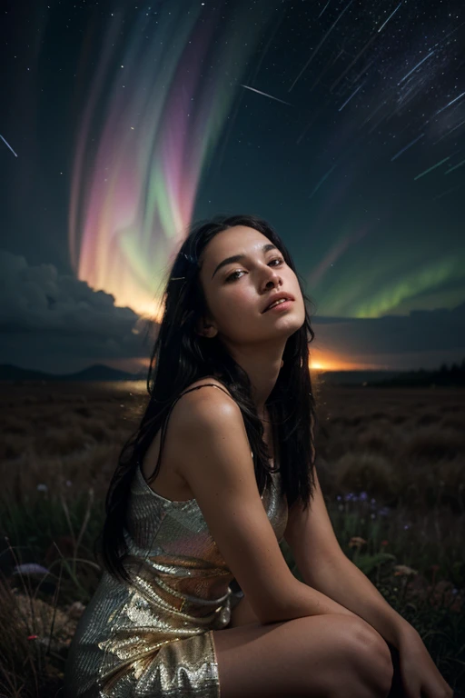 a detailed portrait of a girl sitting outdoors at night, looking up at the starry sky with the milky way, surrounded by a night cityscape with buildings silhouetted against the night sky, long hair, (best quality,4k,8k,highres,masterpiece:1.2),ultra-detailed,(realistic,photorealistic,photo-realistic:1.37),extremely detailed eyes and face,beautiful detailed eyes,beautiful detailed lips,longeyelashes,octans,sky,stars,scenery,starry night,night,1girl,night sky,solo,outdoors,building,cloud,milky way,sitting,tree,city,cityscape. Deep neckline. Sensual pose.