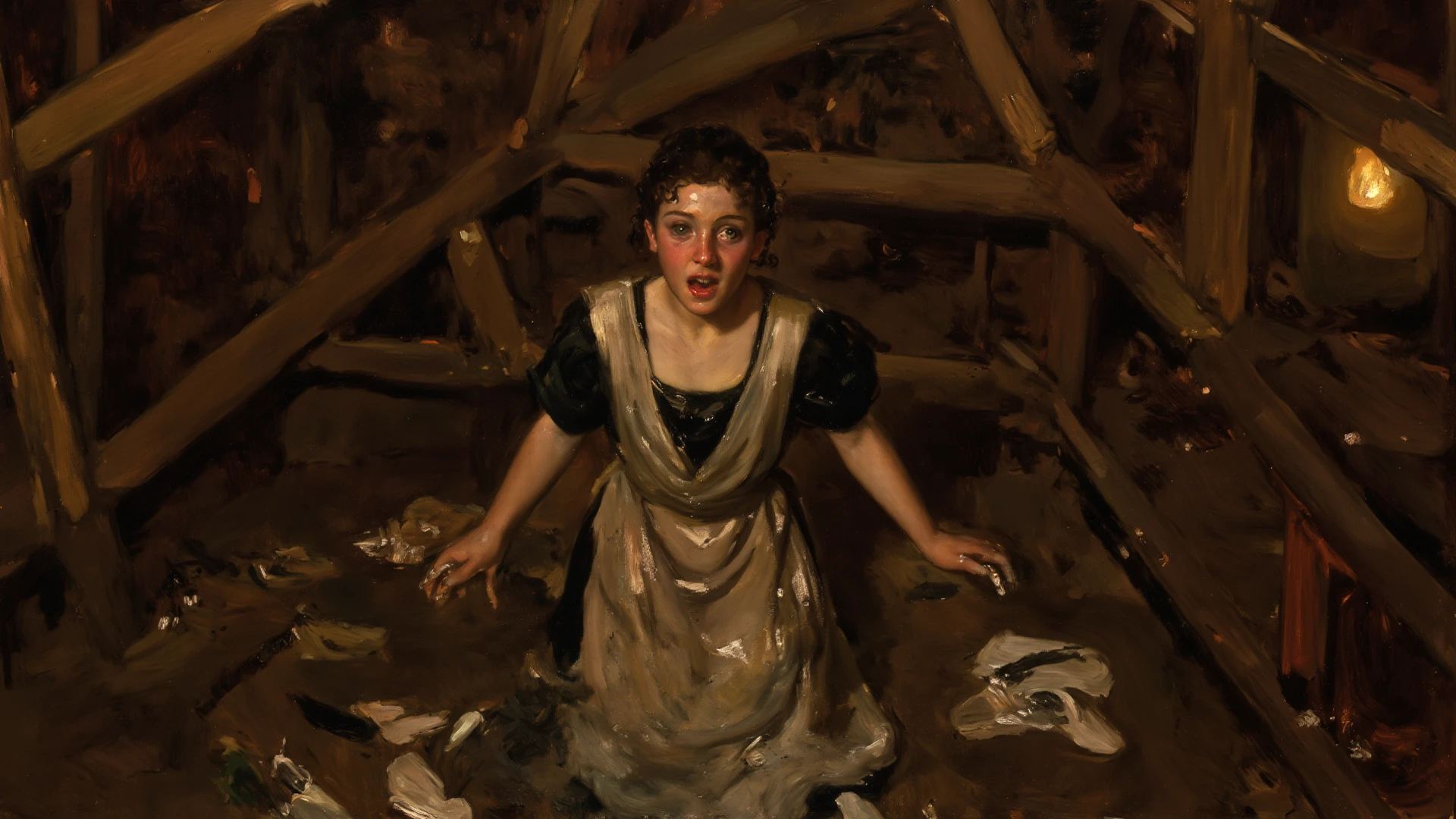 A young woman being brutally pushed into a dark pit, her arms outstretched in despair as she falls. The scene is intense and full of horror