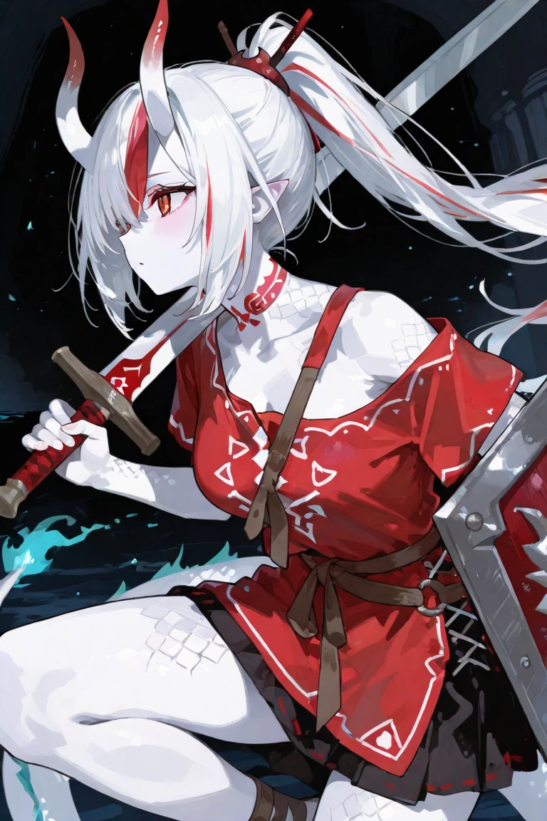 Anime characters with sword and red hair in front of the city, fox nobushi, fox nobushi holding a naginata, mika kurai demon, kitsune holding torch, she is holding a sword, White Cat Girl, she is ready to fight, kitsune inspired armor, she is holding a katana sword, unsheathing her katana