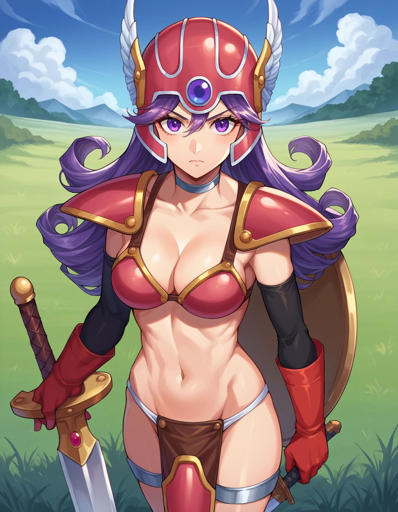 profile, (looking away:1.4), Glare, anger, (portrait), slashing,
soldier(dq3), bikini armor, winged helmet, red armor,dq3,Woman warrior,
((Highest quality)), ((masterpiece)),(detailed),High resolution,Sharp focus,Perfect Face,{best illustration},(complete anatomy),
shiny 肌,very shiny 肌,Shiny body,plastic glitter 肌,exaggerated shiny 肌,illuminated 肌,curvy,
(非常にdetailed CG unity 8k wallpaper),(((Vibrant colors))),Official Art,One person,Perfect Fingers,
Purple long hair,Curly Hair,blue eyes,Sharp Eye,Large Breasts,(Perfect body,Perfect breasts,Glamour:1.1),
An athletic body, Muscular,visible muscles,Firm Abdomen,Long legs,((Huge hips:1.2)),
Beautiful Eyes,Symmetrical eyes,Light blue eyes,
gloves,Loincloth,Red long boots,shield,Broadsword,
(sand丘,sand:1.2),pyramid,Dust,the wind is strong,sandstone,(sand漠のオアシス:1.2), Ancient weathered stone pillars submerged in an oasis,((Vast blue sky)),
Towering palm trees,Flickering mirage,(medieval landscape:1.2),
The wind is blowing strongly,