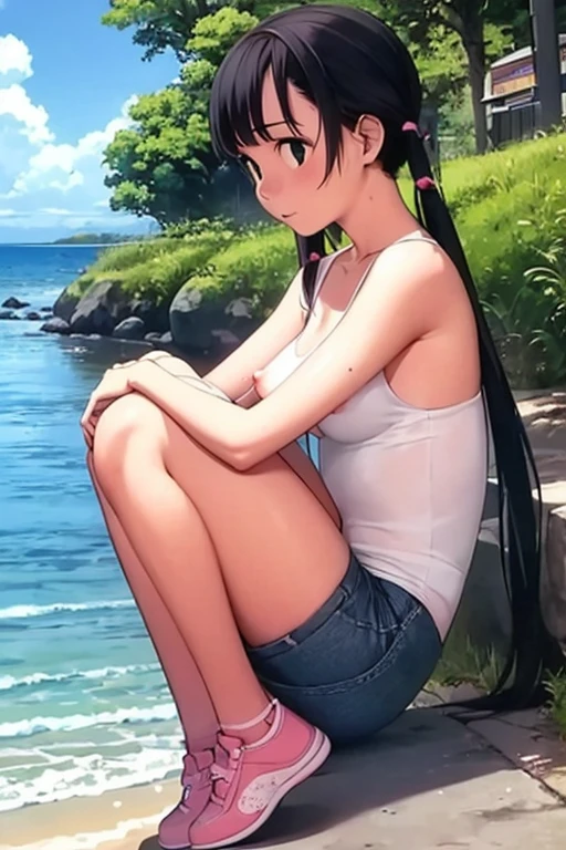 16 year old teenage woman. Morocha. Short stature. Cabello negro con dos colitas. Cuerpo delgado. Buen cuerpo campera recortada. Abdomen desnudo. Hip pants. Pierna gruesas.