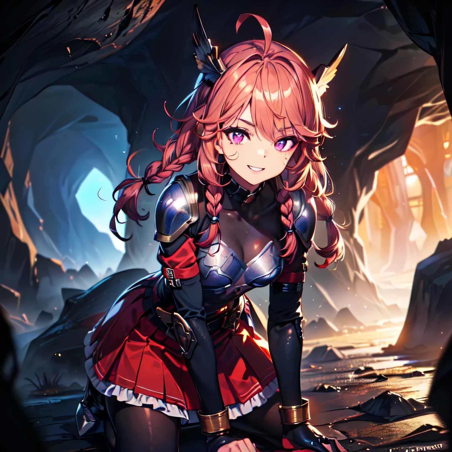 (Solo), (Small body, short legs, short arms, short torso:1.5), (Kneeling with knees spread:1.5), (Crouching with knees spread:1.5), (Black Valkyrie outfit, warrior armor, skirt, tights, feathered helmet:1.5), (Red hair, very long hair, large braids, ahoge, purple eyes:1.5), (Smiling gums:1.5), (Deep in a dark cave:1.5), (Cowboy shot), (3DCG artwork, shiny textures, smooth textures, metallic sheen, anatomy:1.5), (Excellent, highest quality, highest resolution, good detail, detailed eye drawing, focus on eyes)